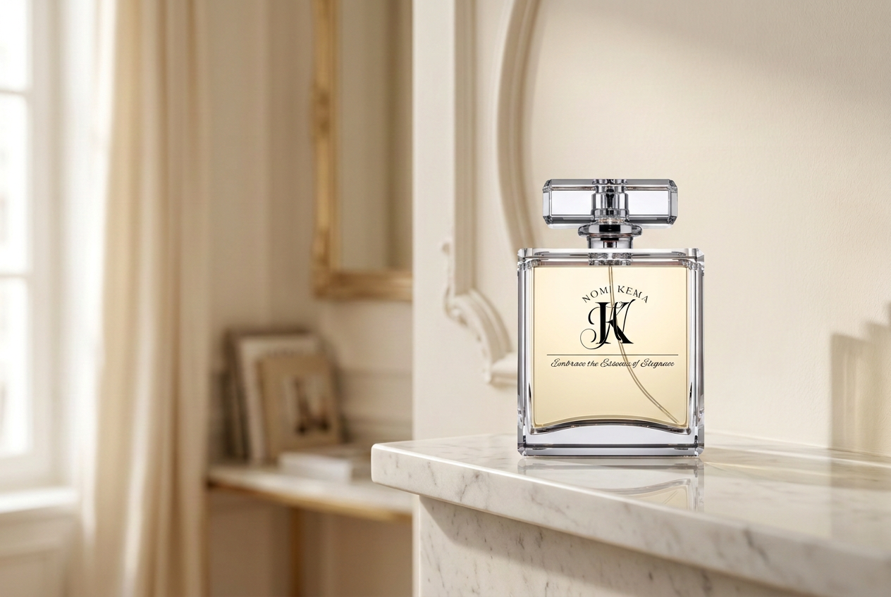 A Nomi Kema perfume bottle on a marble ledge in Parisian light