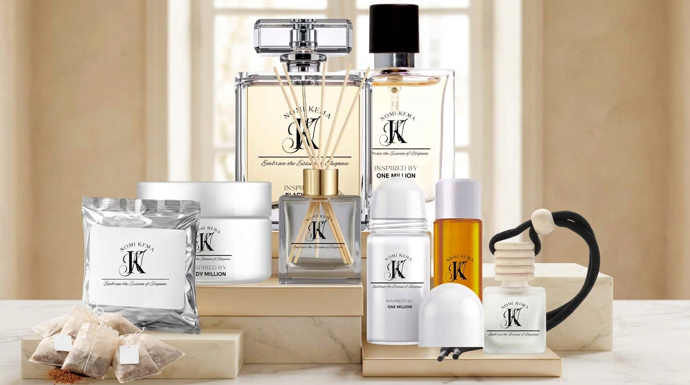 The Nomi Kema range: perfumes, body crème, roll-on, diffusers, sachets and oils